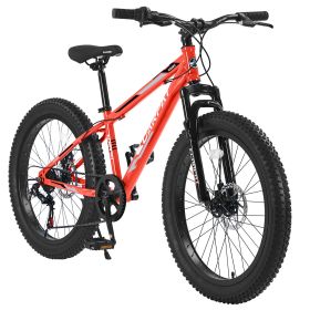 24 Inch Fat Tire Bike Adult/Youth Full Shimano 7 Speeds Mountain Bike, Dual Disc Brake, High-Carbon Steel Frame, Front Suspension, Mountain Trail Bike (Color: Orange)