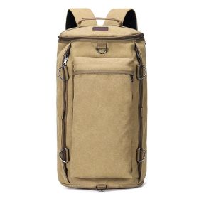 Fashion Large Capacity Canvas Backpacks Men's Women's Hand-held Crossbody Travel Bag Sports Outdoor Cylindrical Luggage Bag (Color: Beige)