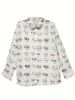 Plus Size Casual Blouse, Women's Plus Cute Pig & Letter Print Long Sleeve Button Up Lapel Collar Shirt Top
