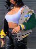 Plus Size Colorblock Long Sleeve Letter Print Jacket; Women's Plus Medium Stretch Button Down Jacket