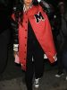 Plus Size Colorblock Button Front Letter Long Baseball Jacket; Women's Plus Casual Street Style Winter Jacket