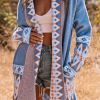 Women's Sweaters Blue Aztec Print Open Front Knitted Cardigan